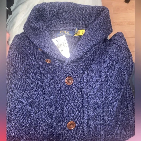 Men's Medium Polo Ralph Lauren Aran-Knit Cotton Shawl-Collar Cardigan - Picture 5 of 9